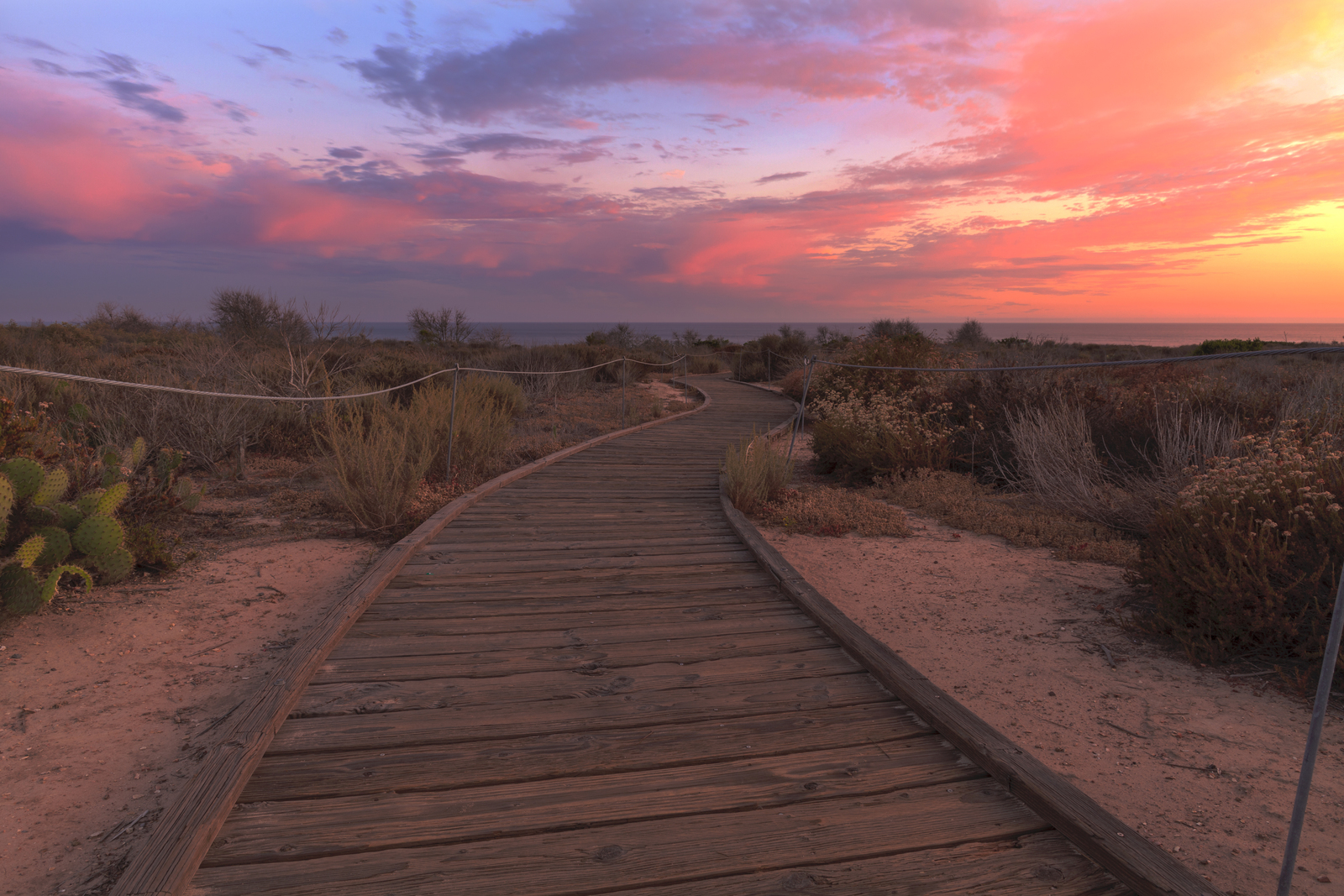 Boardwalk at dusk to the ocean.