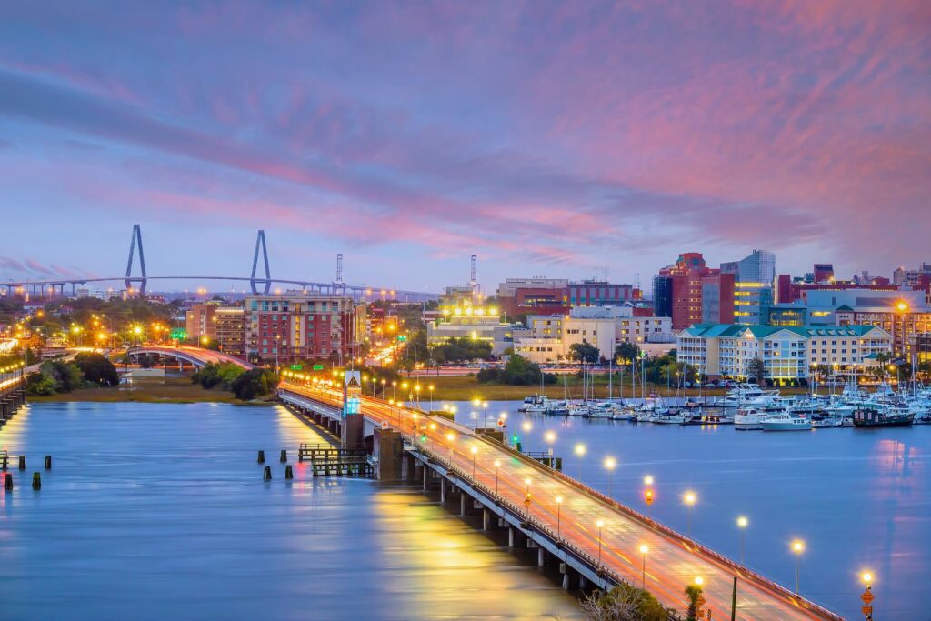 Historical downtown area of Charleston, South Carolina cityscape in USA at twilight