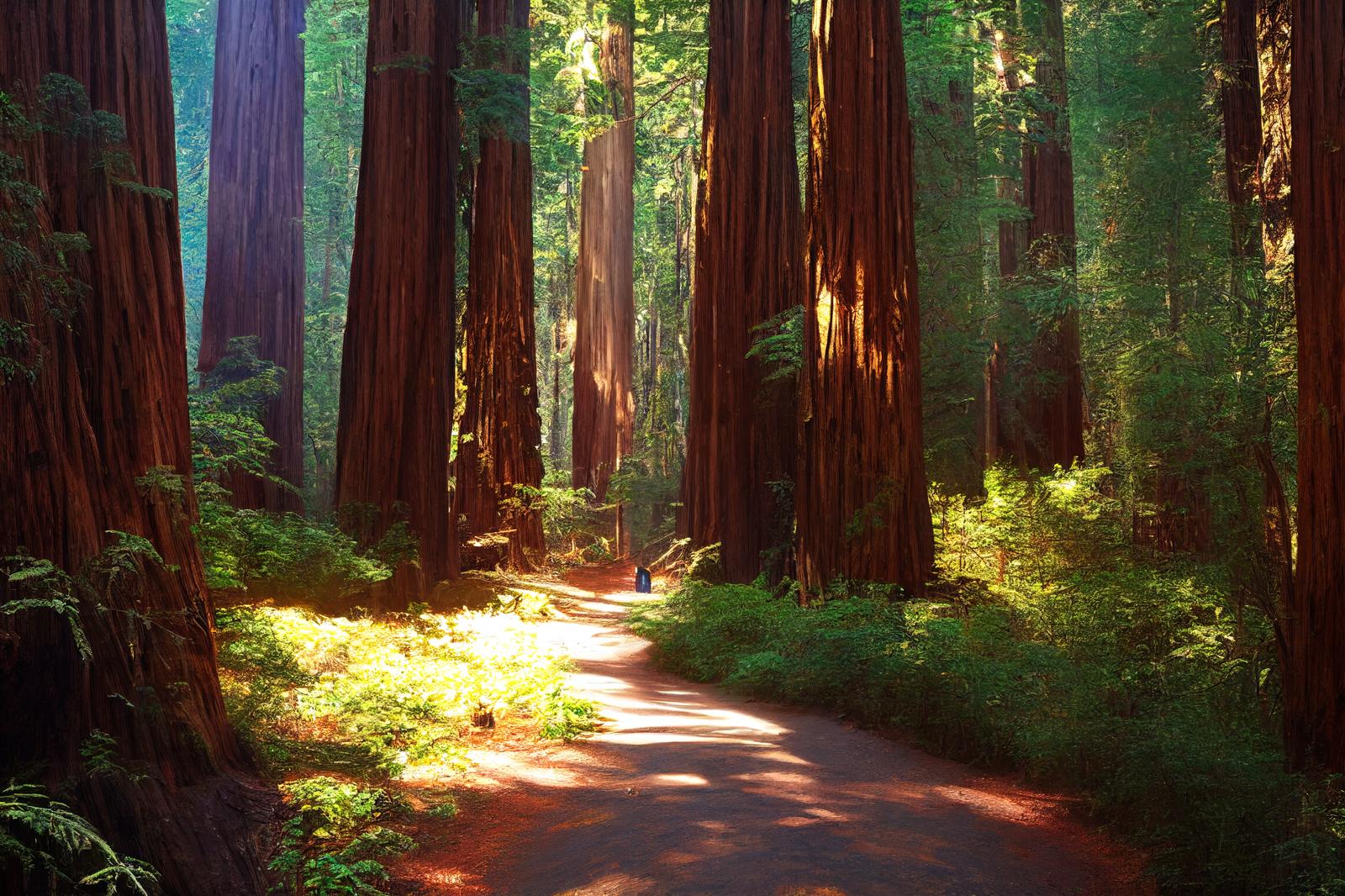 California redwoods with dappled light. 