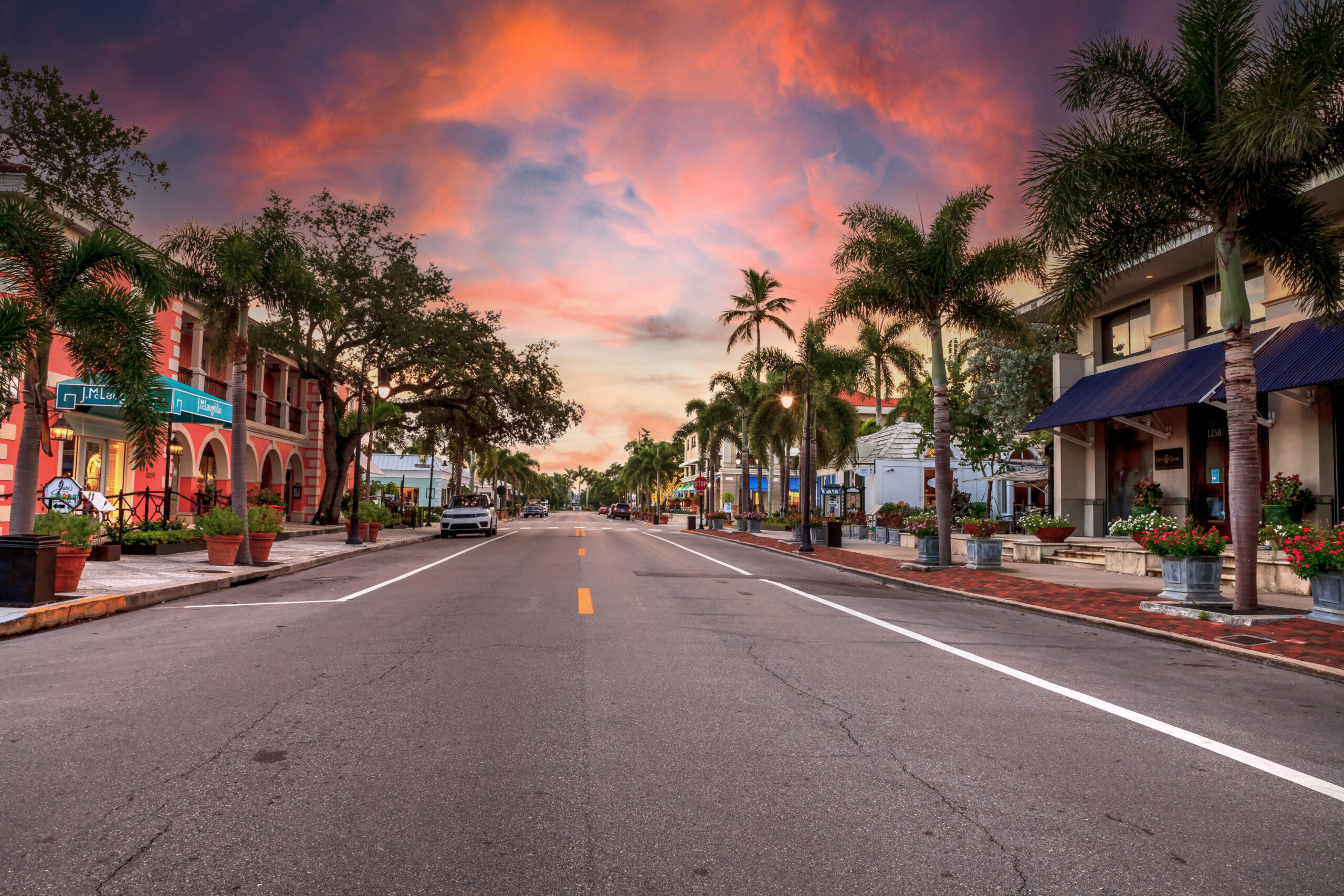 Naples Florida street view at sunset for places to stay in Southern Florida.