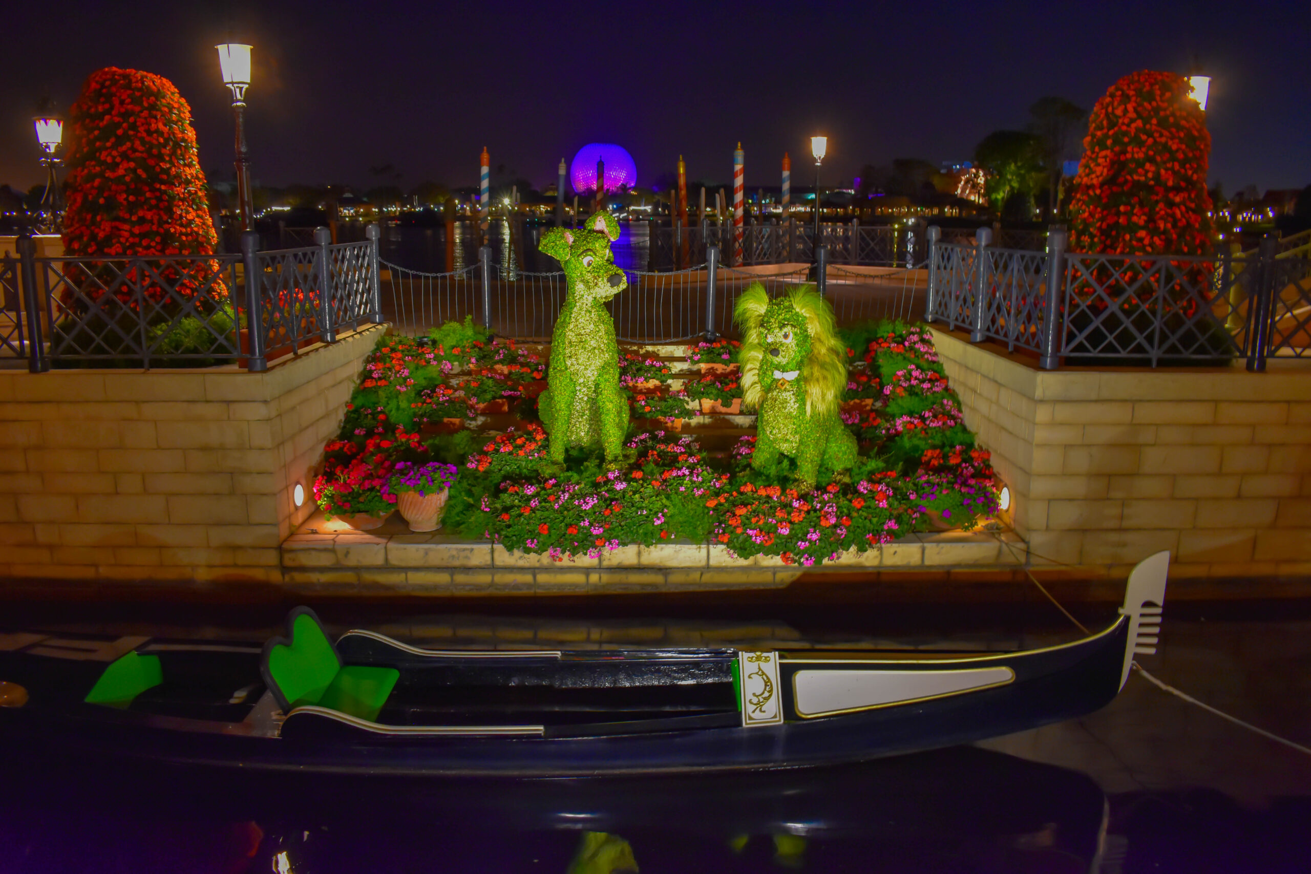 Lady and the Tramp in Italy Pavilion at night in Epcot.