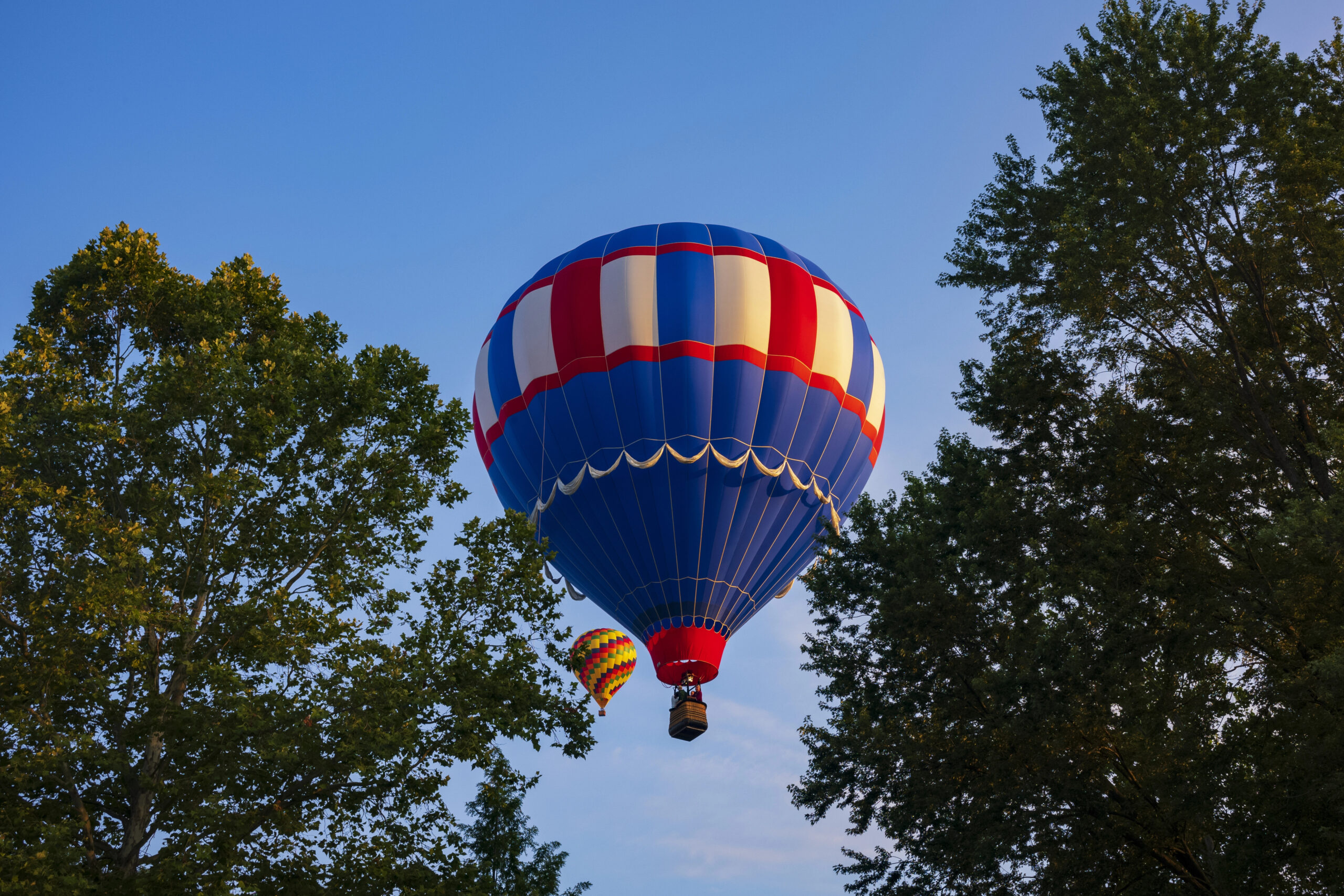 Red, white, and blue hot air balloon in the sky with trees bordering, one of the most romantic and fun Northern California date ideas.