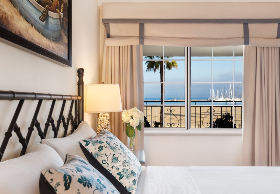 Guest room at Hotel Milo with an ocean view in Santa Barbara. 