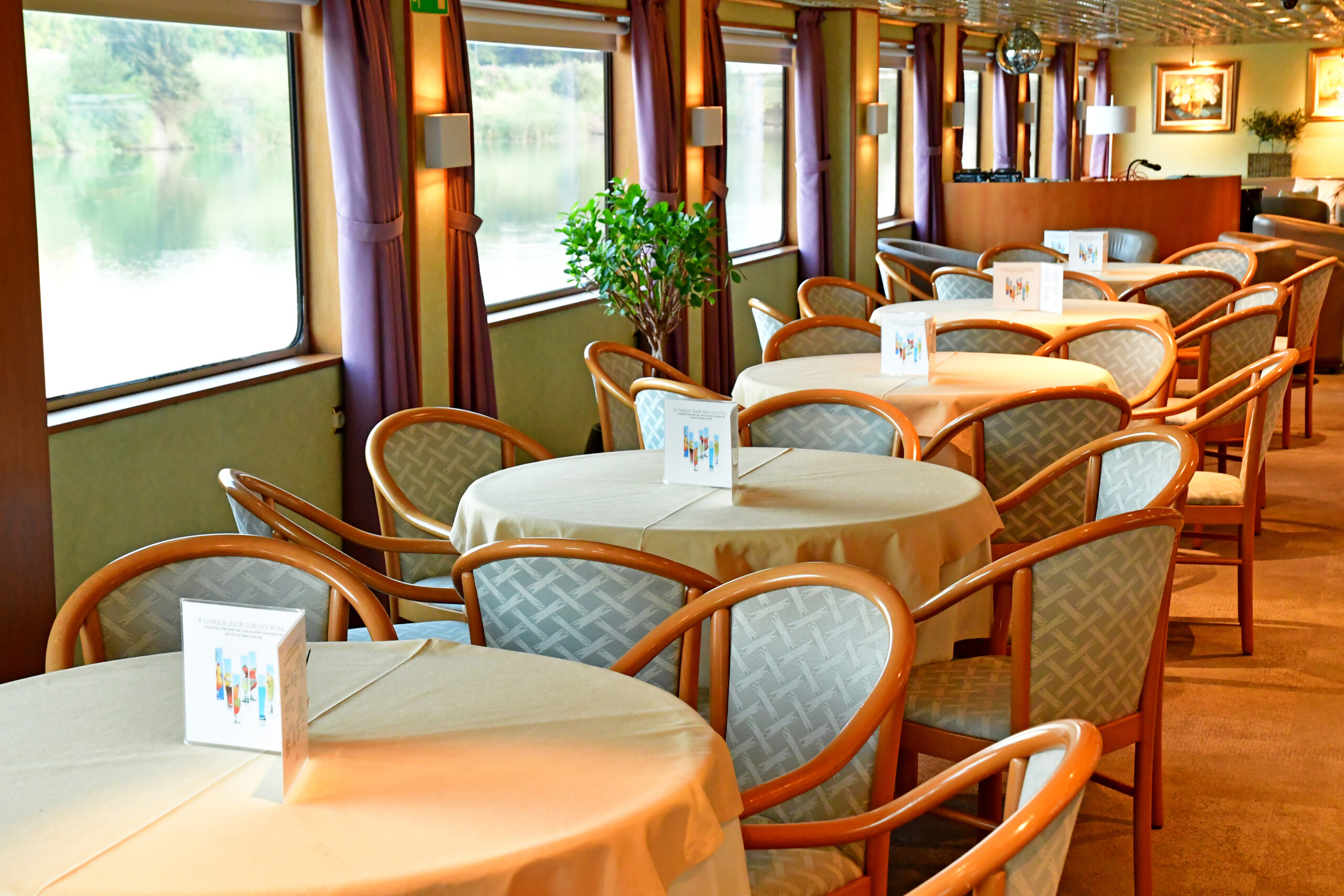 Dining room of river cruise ship.