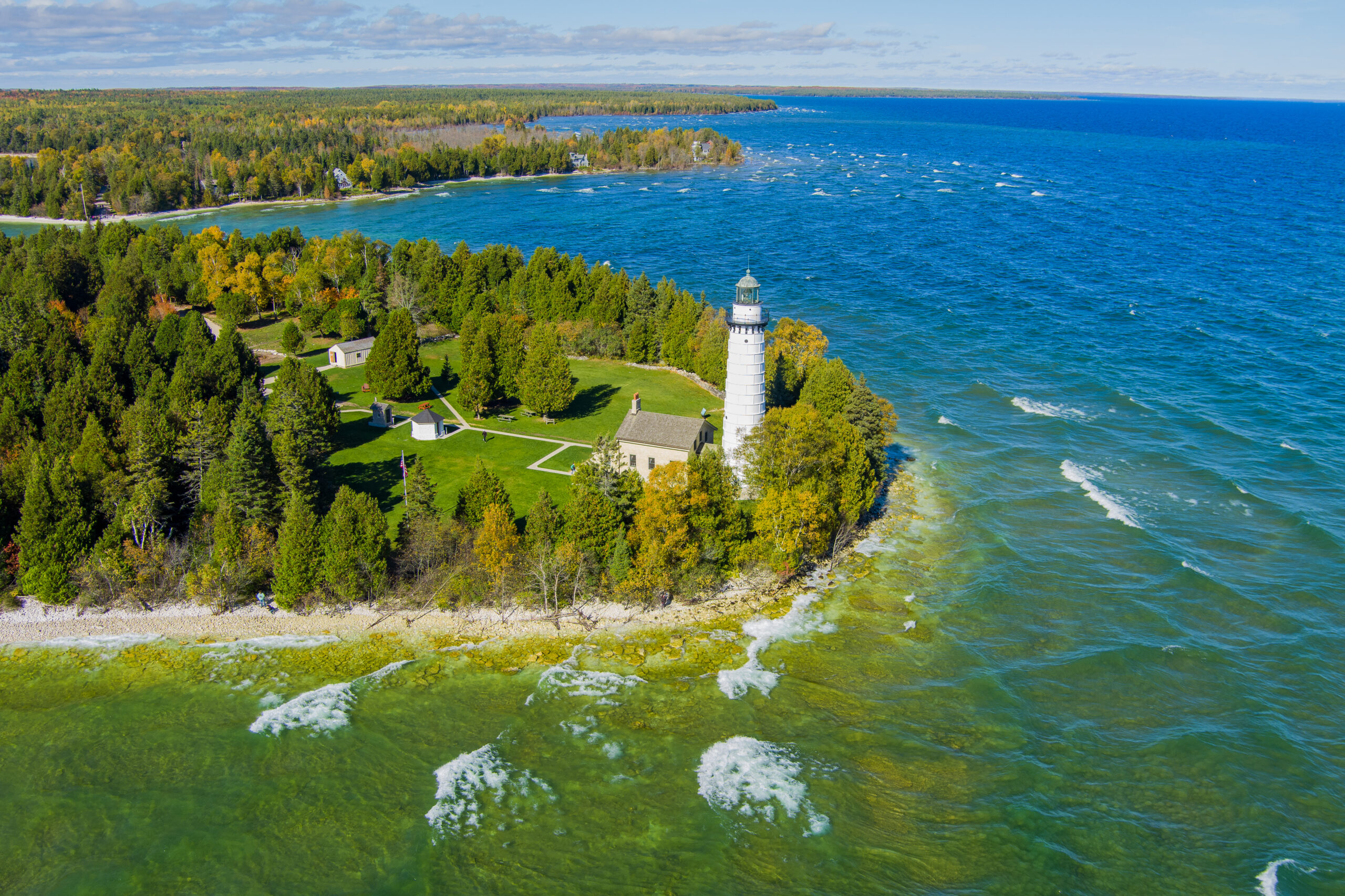 The famous Cana Island lighthouse located next to lake Michigan in Door County Wisconsin.