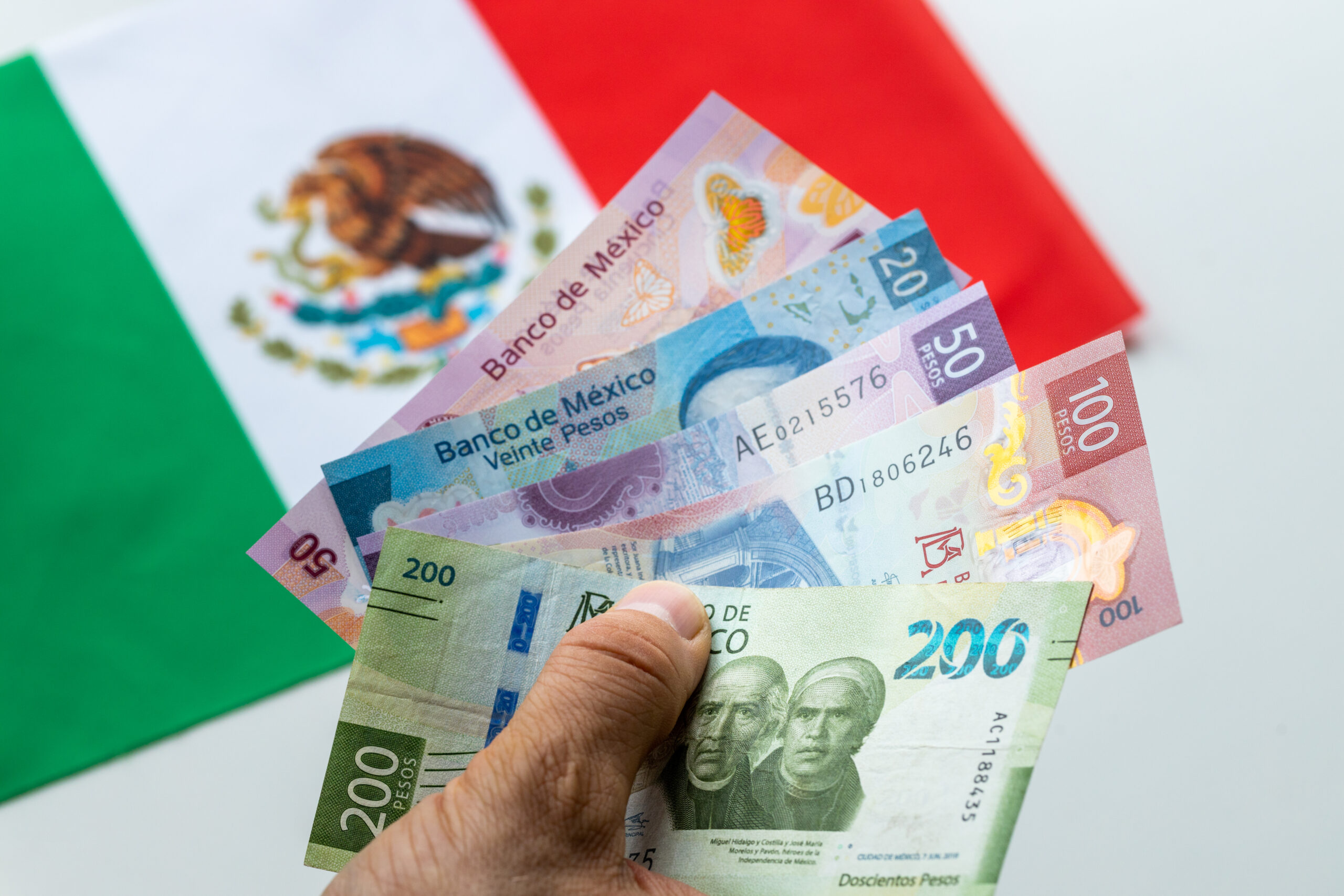 Mexican money held in the hand against the background of the Mexican flag