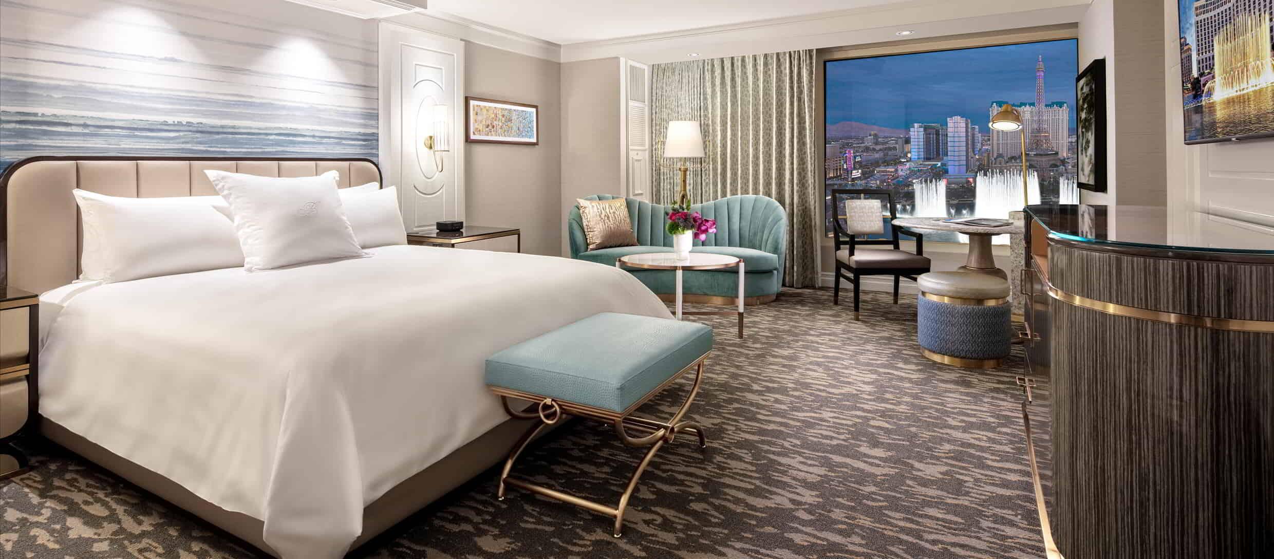 King suite overlooking Las Vegas City skyline and fountain at night.