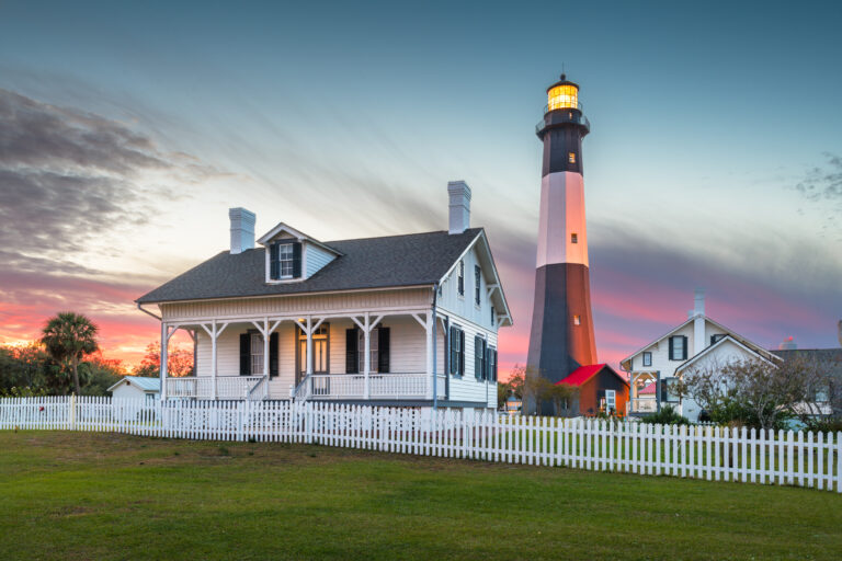 Tybee Island, Georgia at the lighthouse at dusk, one of the most romantic getaways in GA.