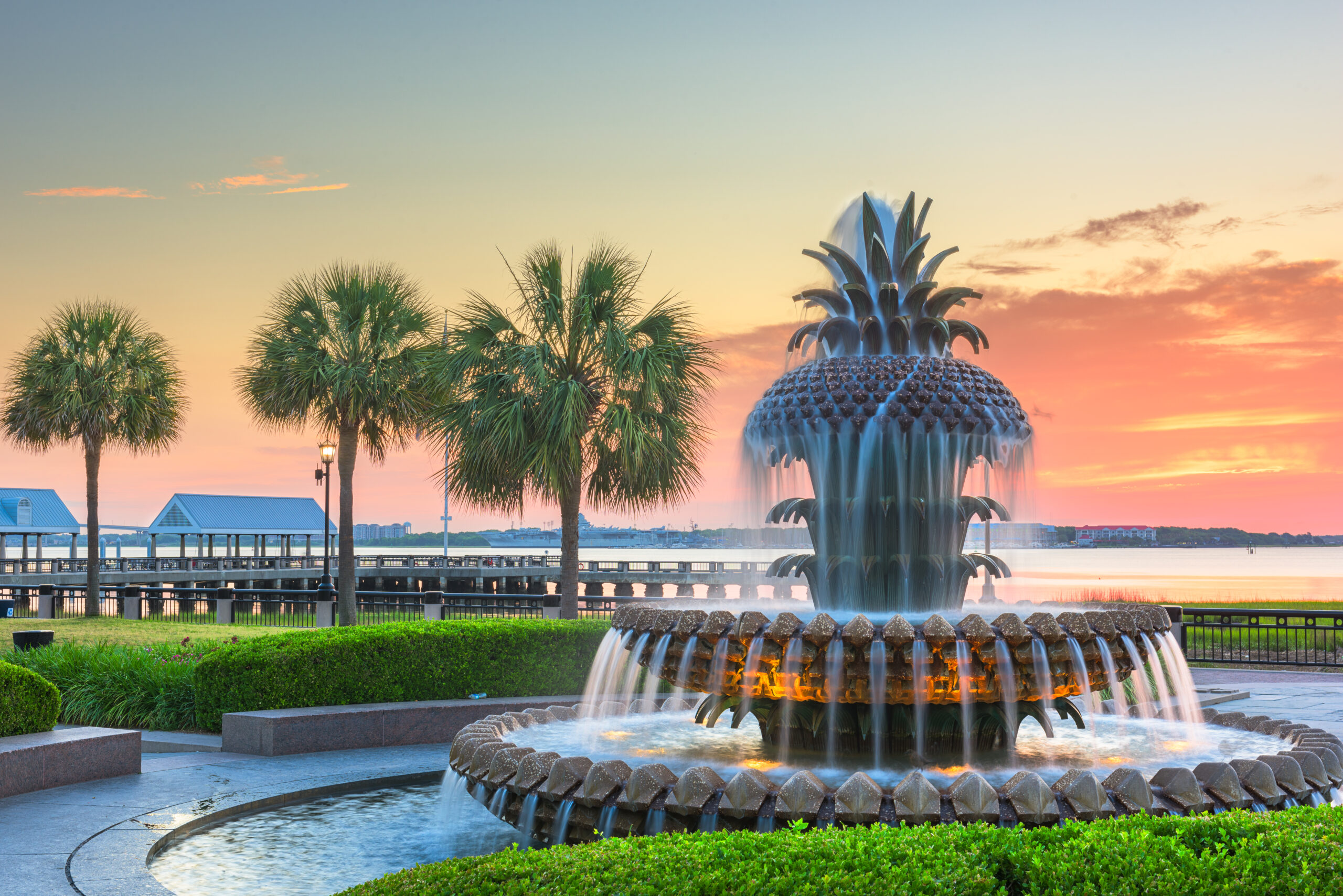 Waterfront Park at sunset in Charleston, SC.