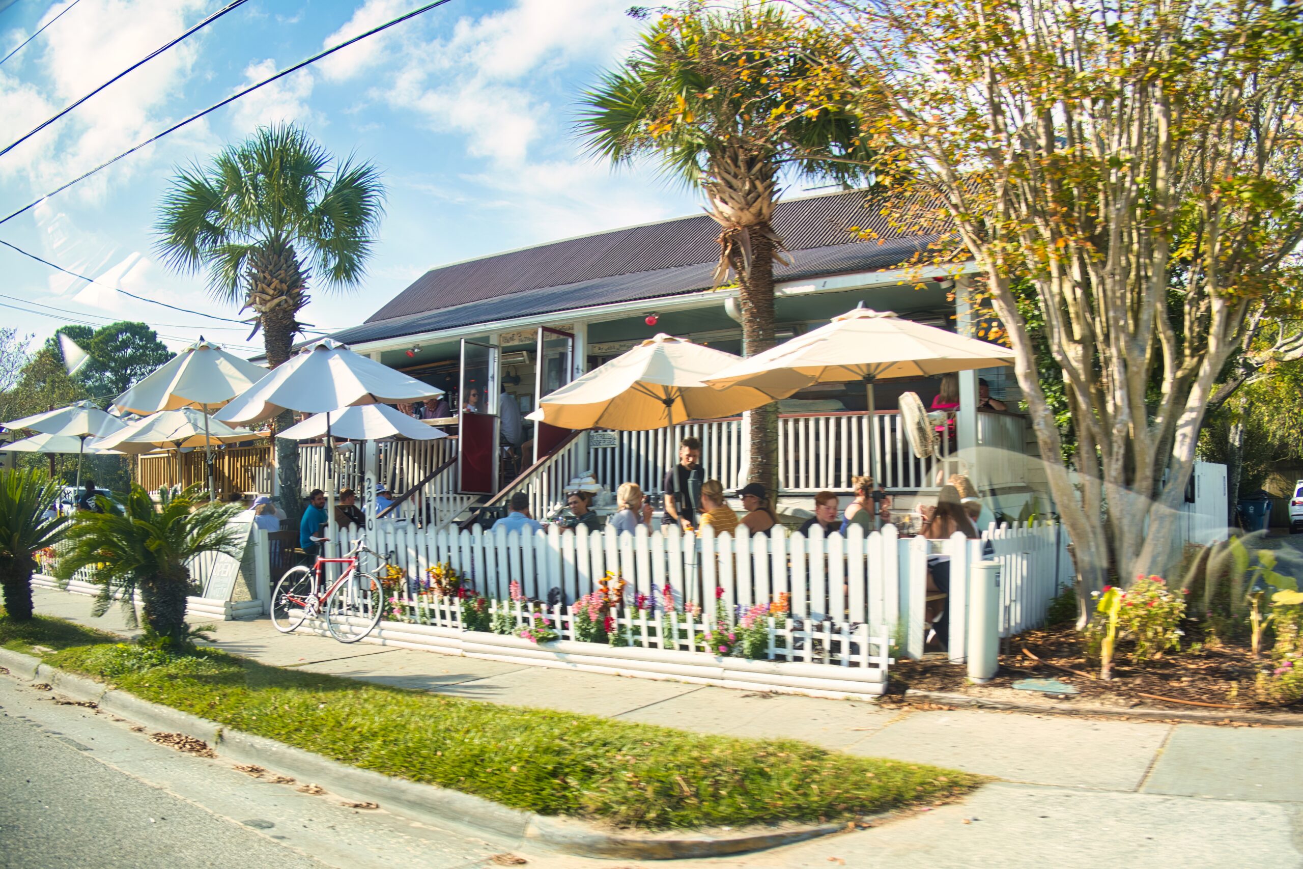 People on the terrace of a restaurant in a suburban neighborhood in Charleston, SC