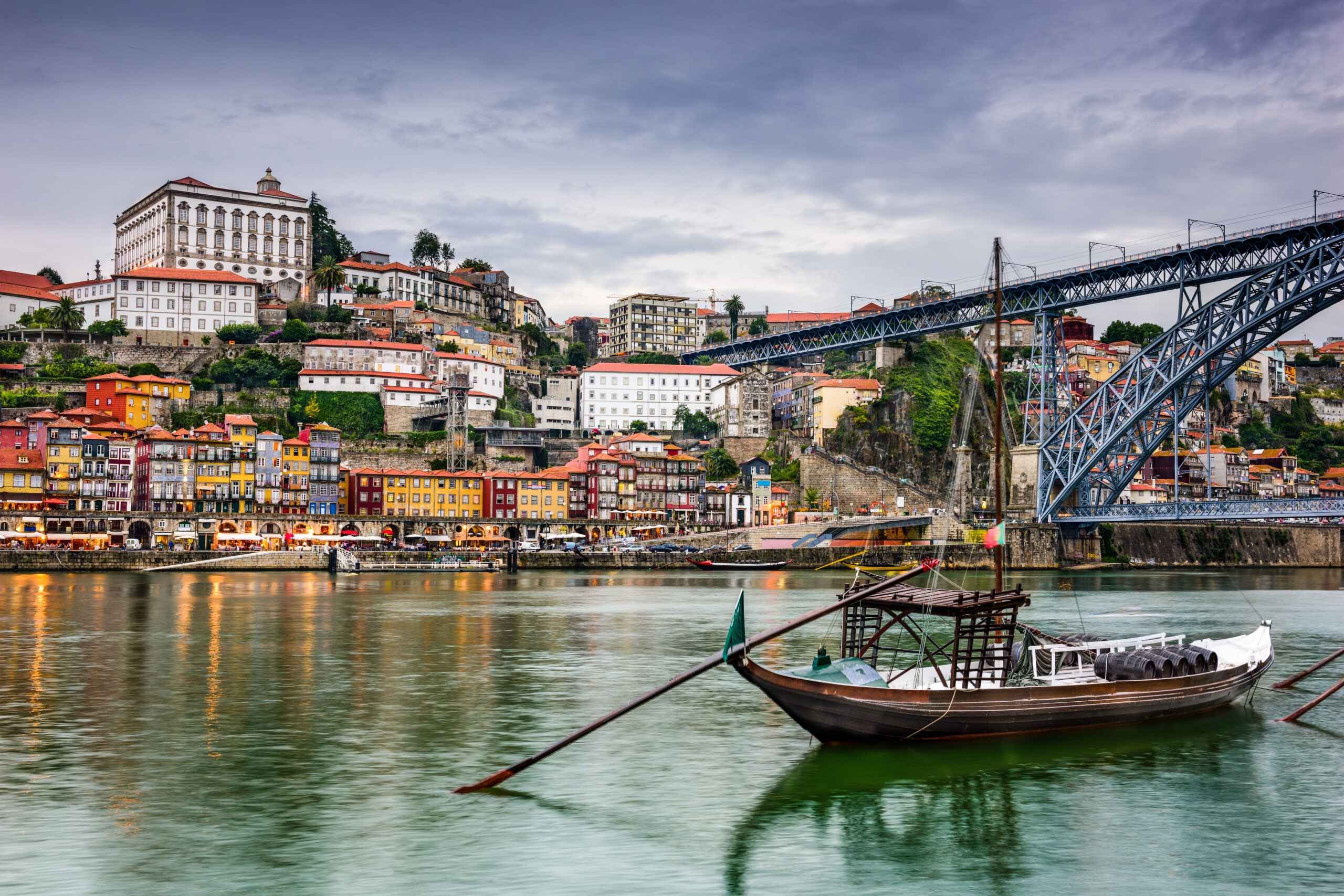 Porto, Portugal skyline on the Douro River at dusk.