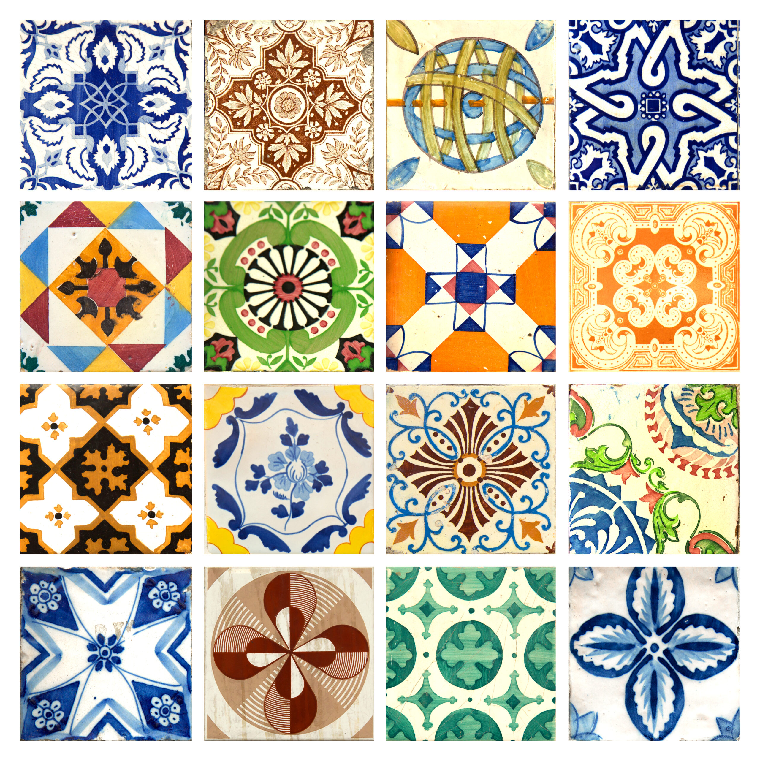 Photograph of 16 traditional portuguese tiles in different colours and patterns