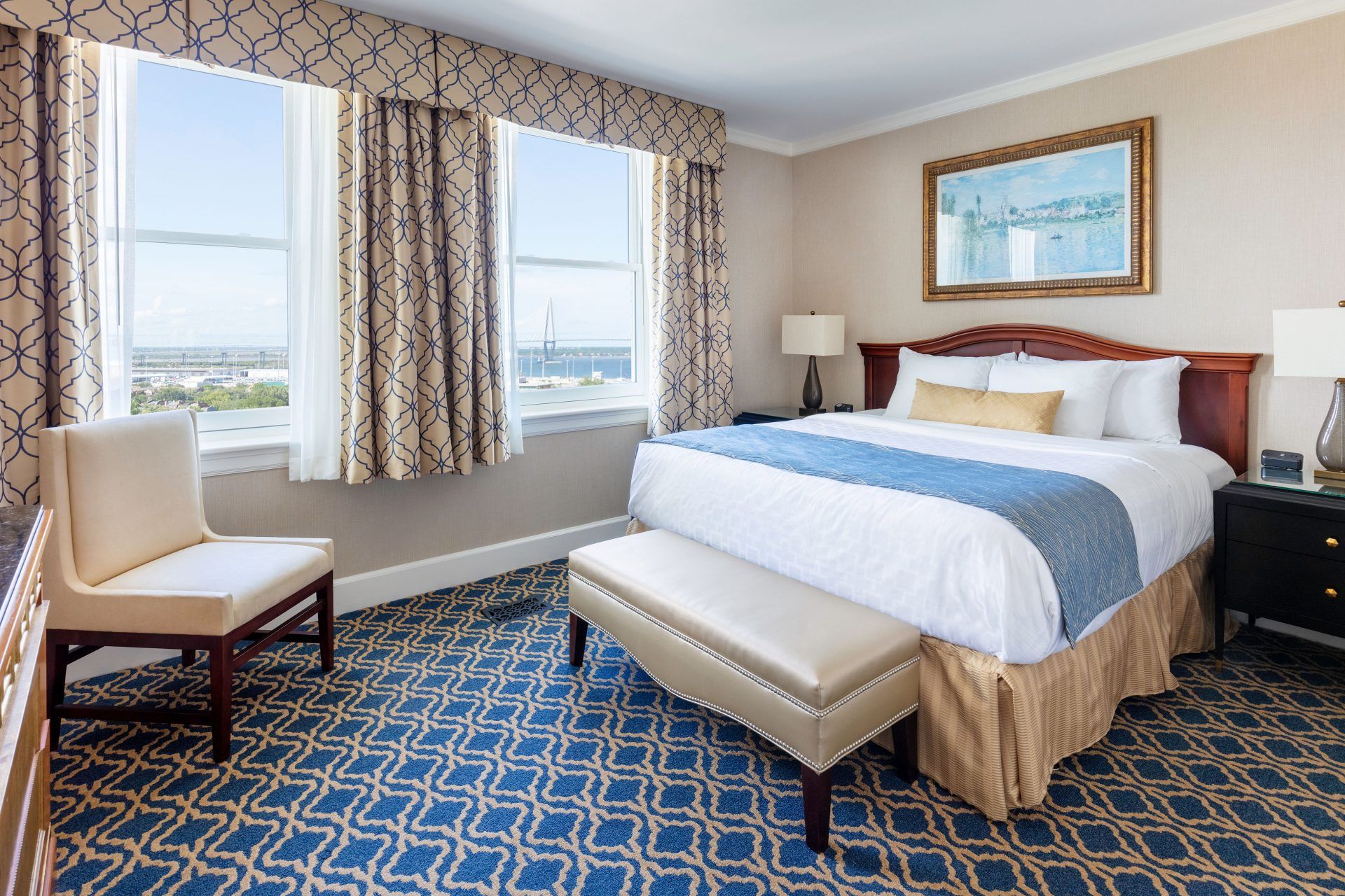 A king suite at the Francis Marion Hotel, one of the most romantic hotels in Charleston, SC.