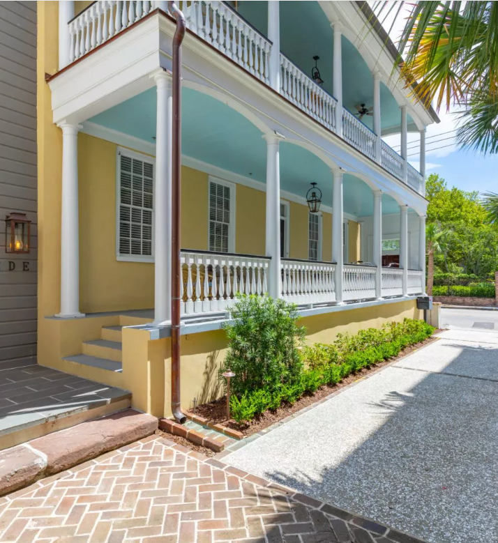 Front porch of Zero George, one of the most romantic hotels in Charleston, SC.