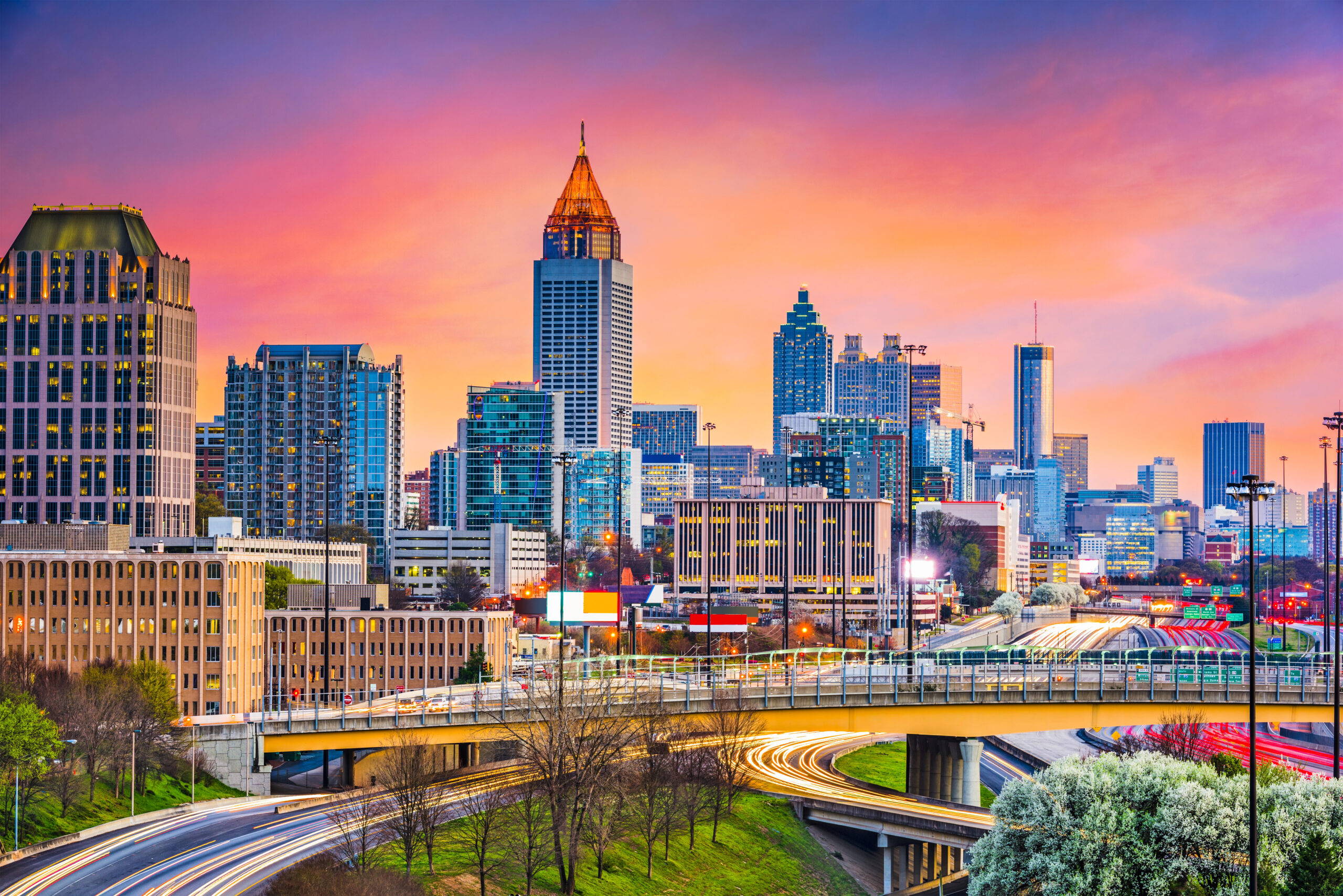 Skyline of Atlanta during sunset, one of the most romantic getaways for couples in GA.