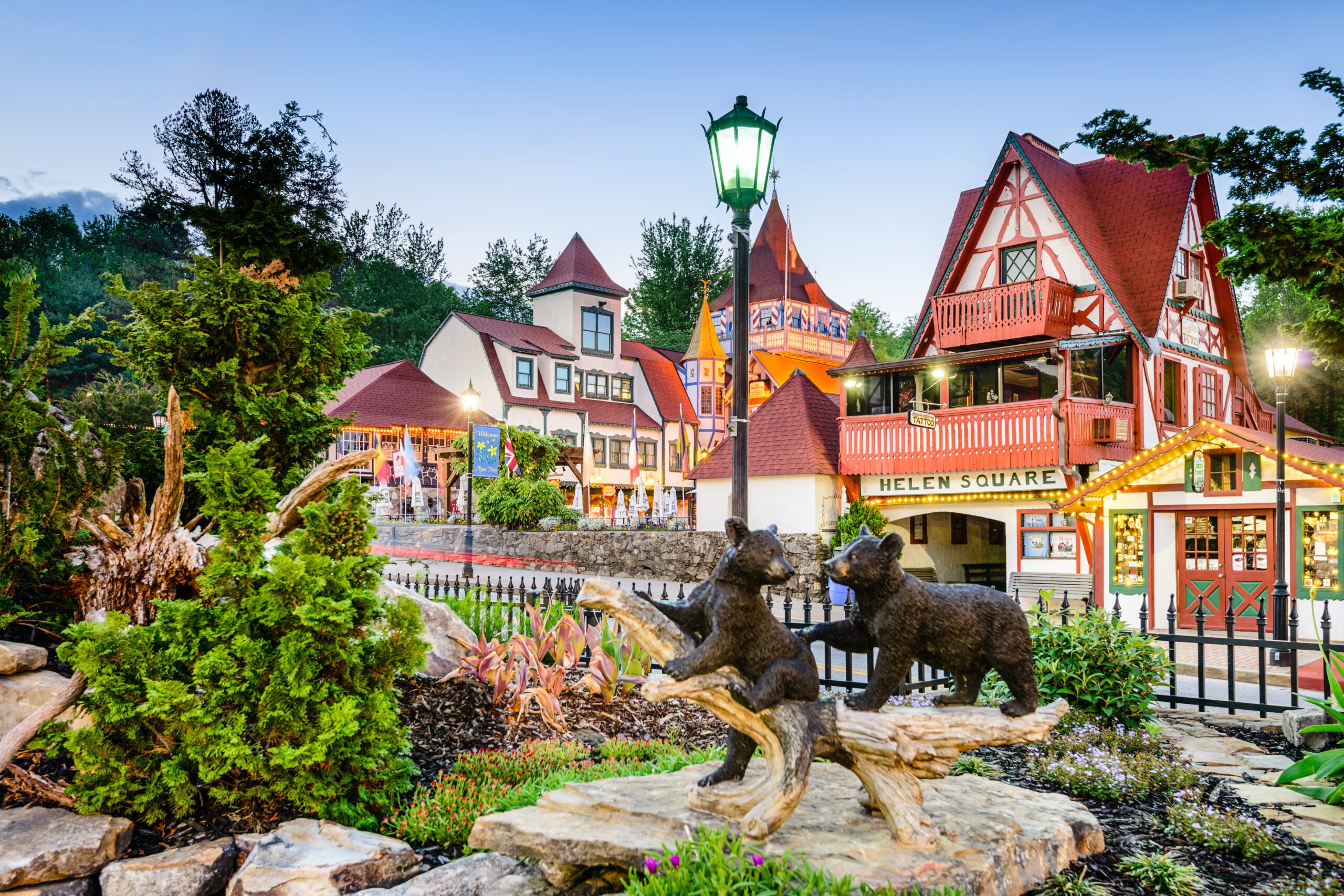 Main square in Helen featuring Bavarian-style buildings, one of the most romantic getaways for couples in GA.