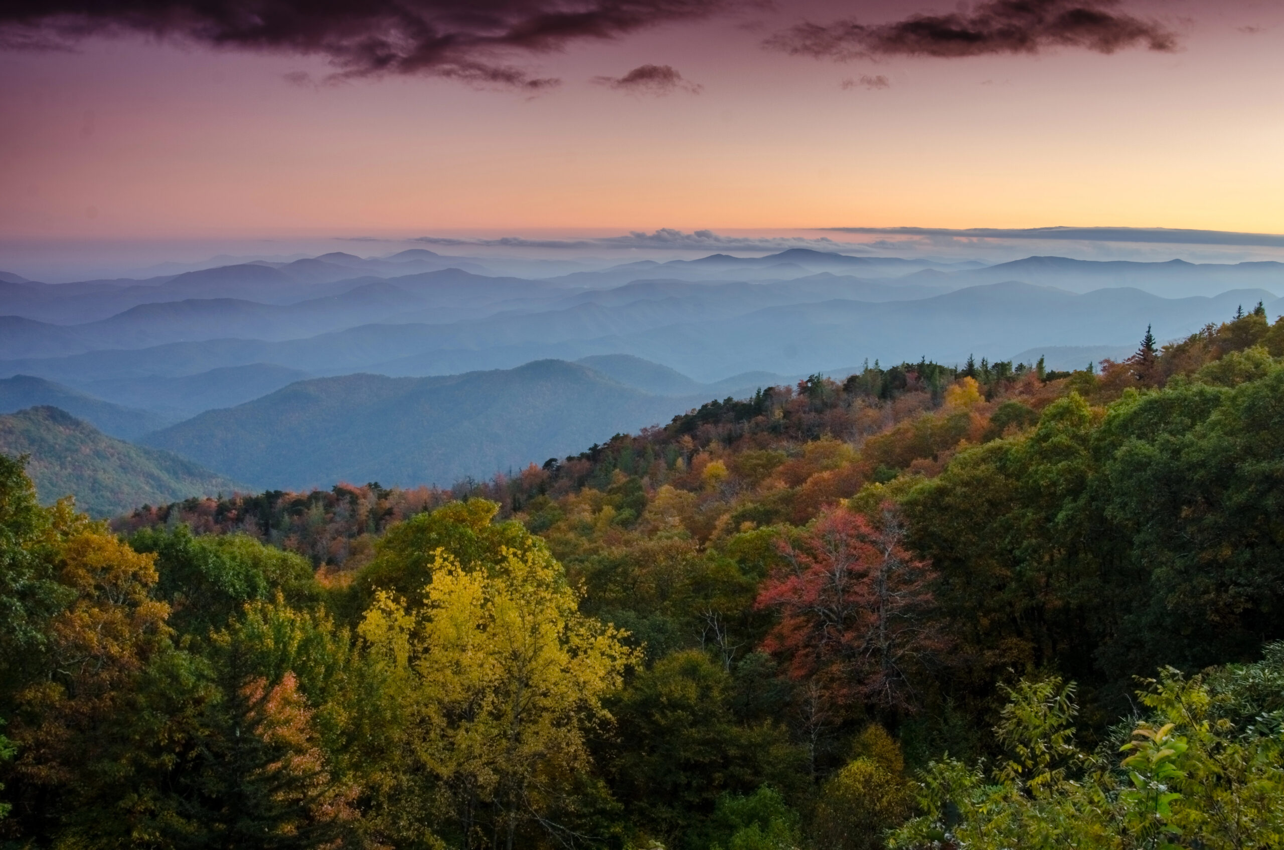 Blue ridge mountains at sunset, one of the best fall getaways for couples.