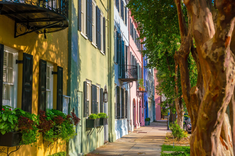 Rainbow Row's colorful and well-preserved historic houses in Charleston, SC.