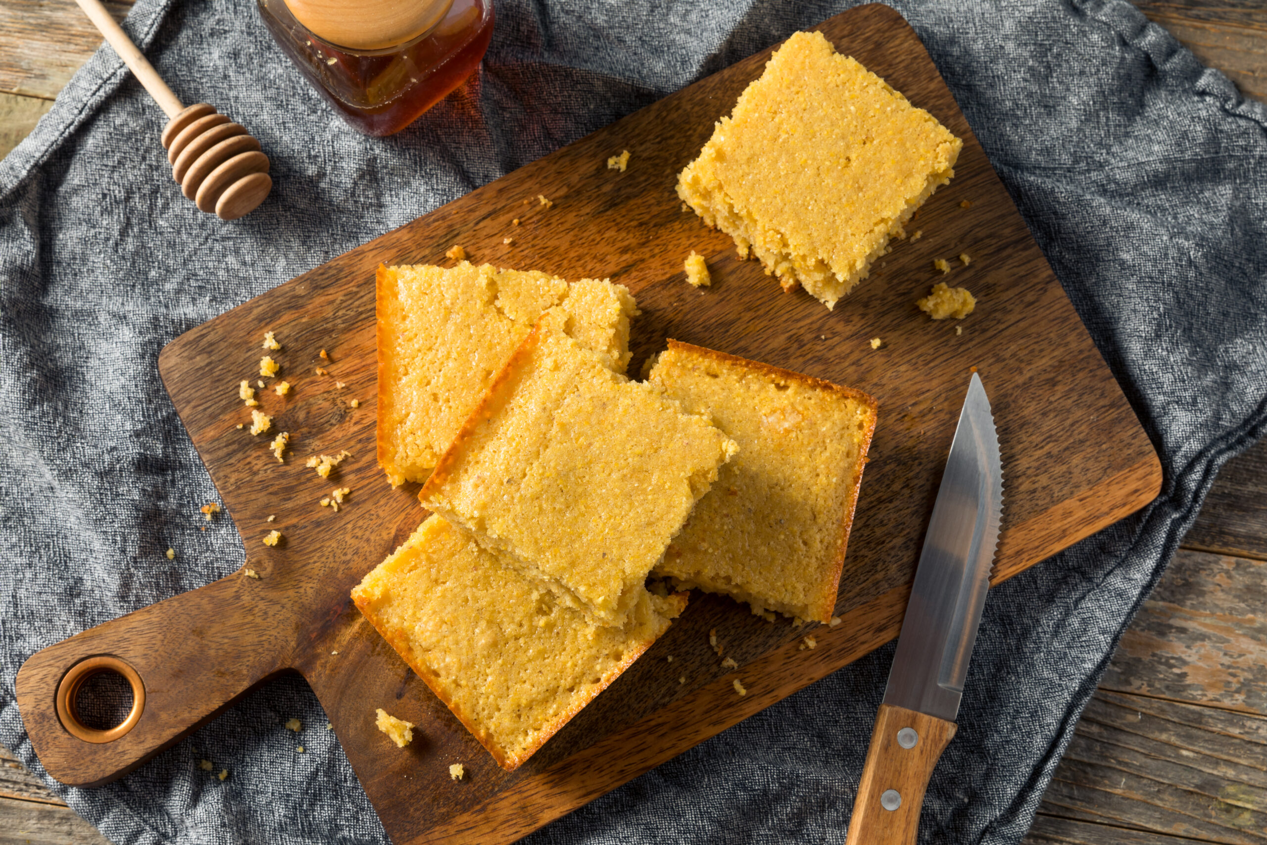 Sweet homemade cornbread ready to eat.