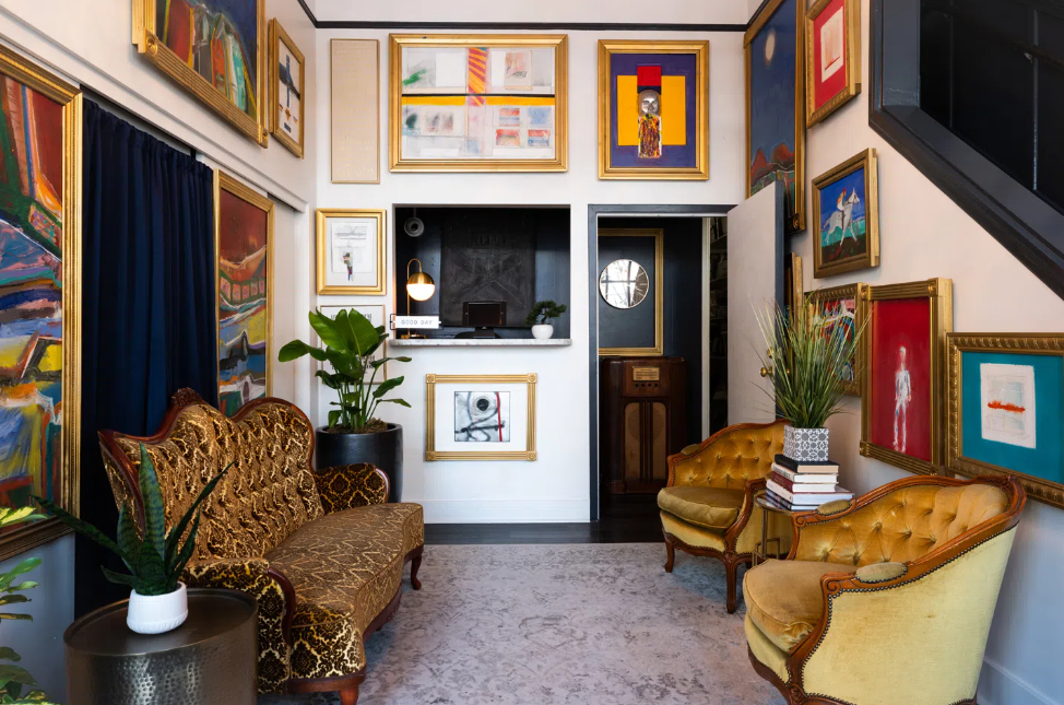 Artsy hotel lobby at The Metro Hotel, one of the most romantic places to stay in San Francisco.
