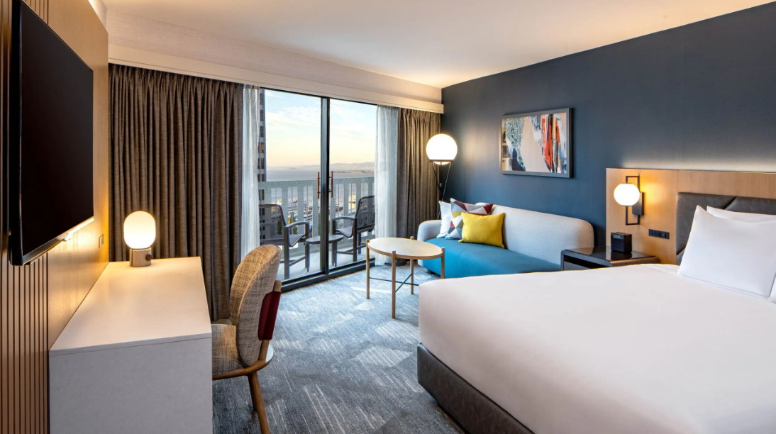 Guest room at Hyatt Regency SF, one of the most romantic places to stay in San Francisco.