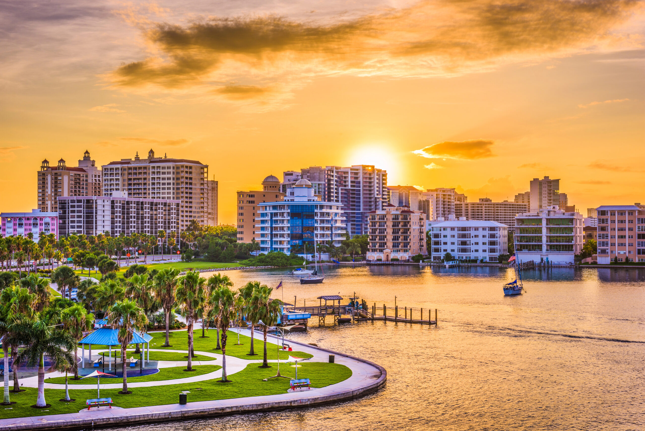 A beautiful sunset behind the Sarasota skyline.