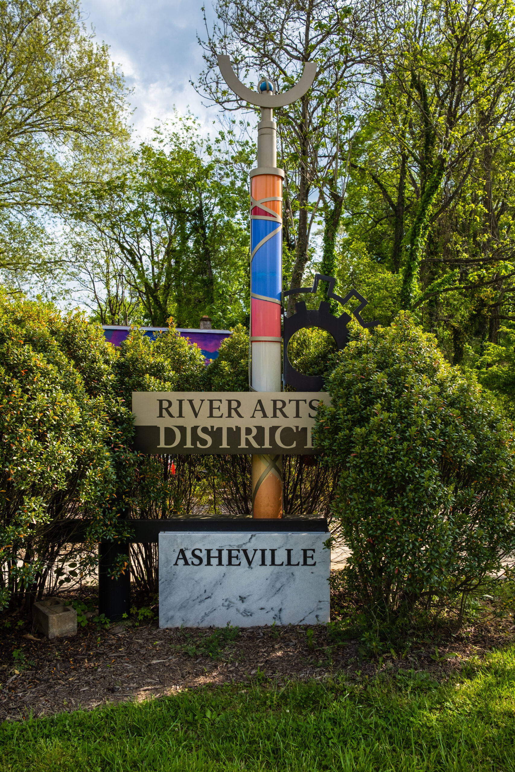 The River Arts District welcome display in this popular small town visitor destination in the Blue Ridge mountains.