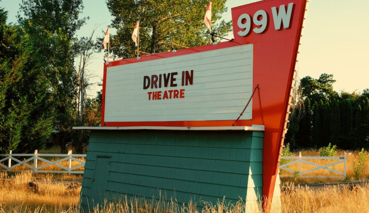 Vintage 99W Drive-In Theatre sign surrounded by tall grass and trees.