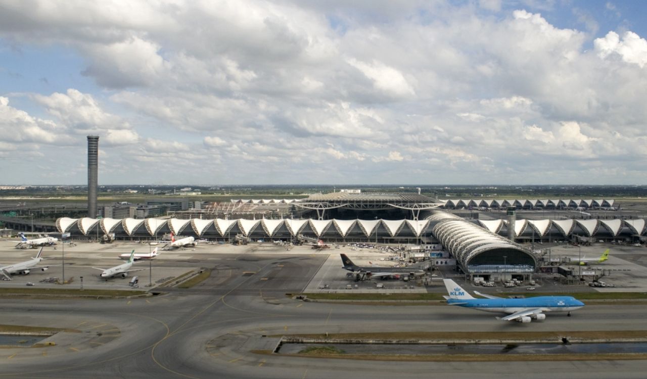 Aerial view of Suvarnabhumi Airport (BKK) terminal and runway in Bangkok, Thailand