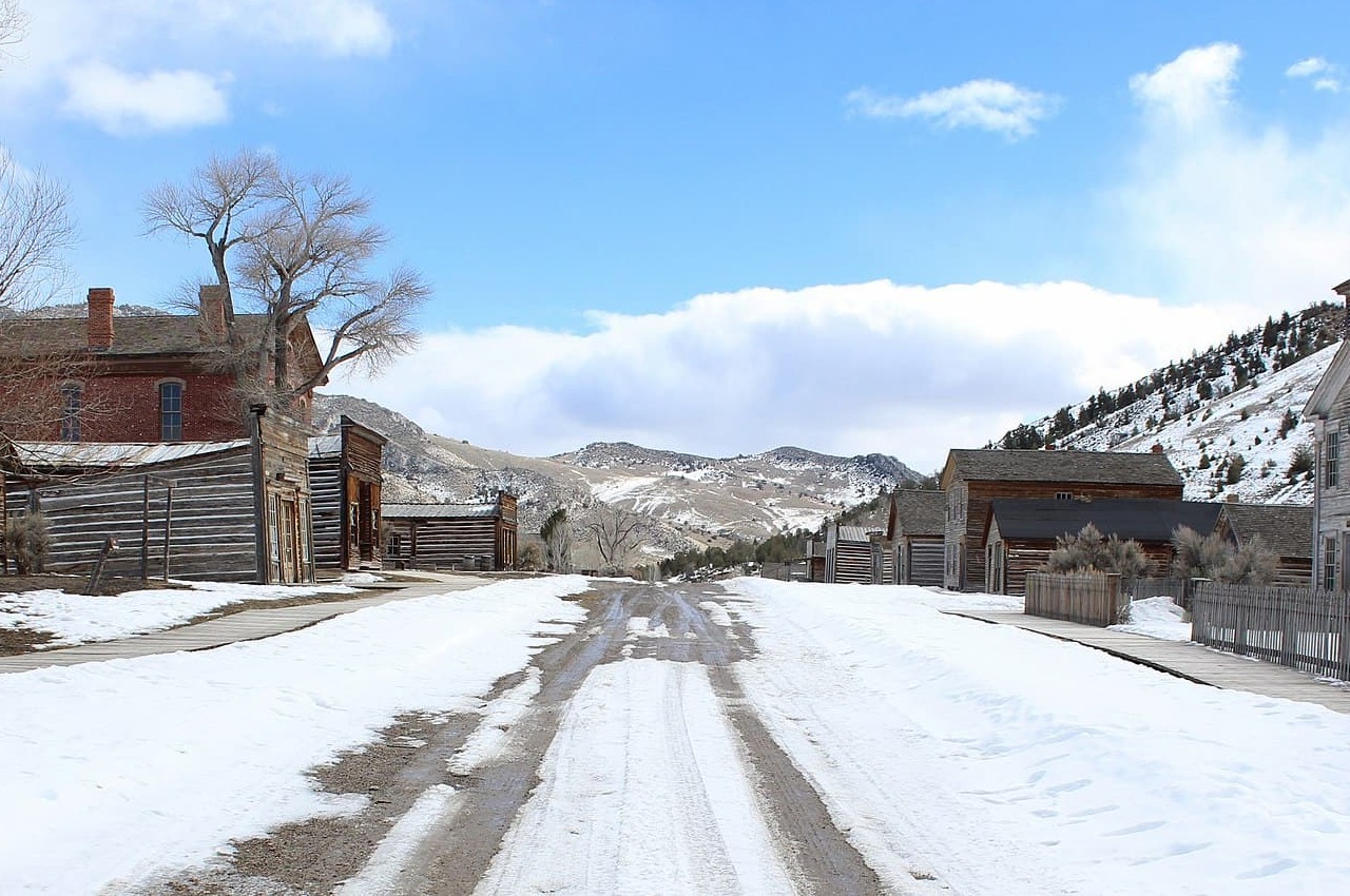 Snow-covered street in Bannack Ghost Town, Bannack, Montana.
