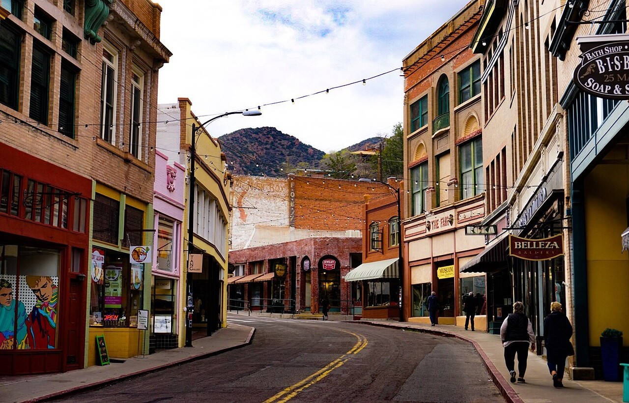 Colorful historic street with mountain views in Bisbee, Arizona.