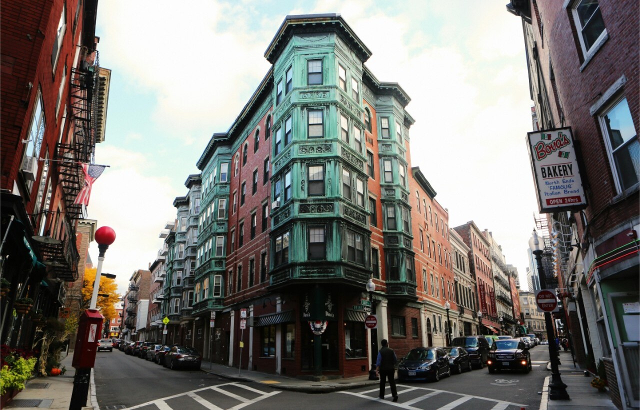 Historic corner buildings and Bova’s Bakery in Boston’s North End.