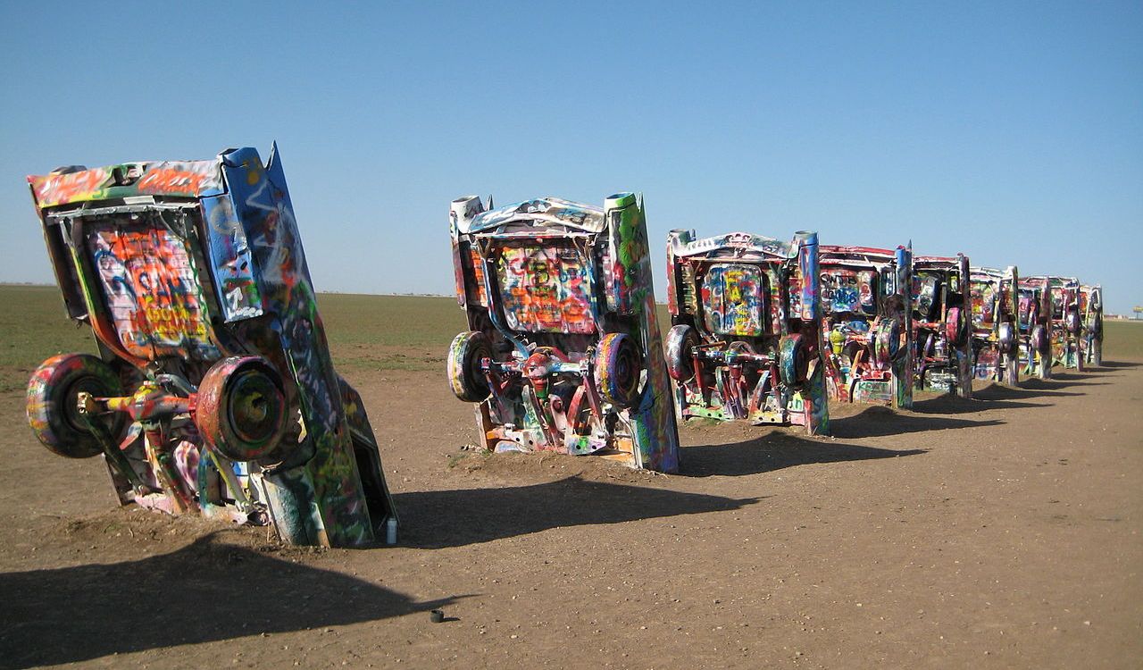 Cadillac Ranch art installation with spray-painted cars in Amarillo, Texas