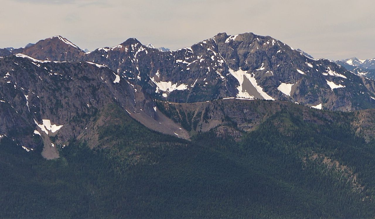 Snow-dusted peaks above lush green forest