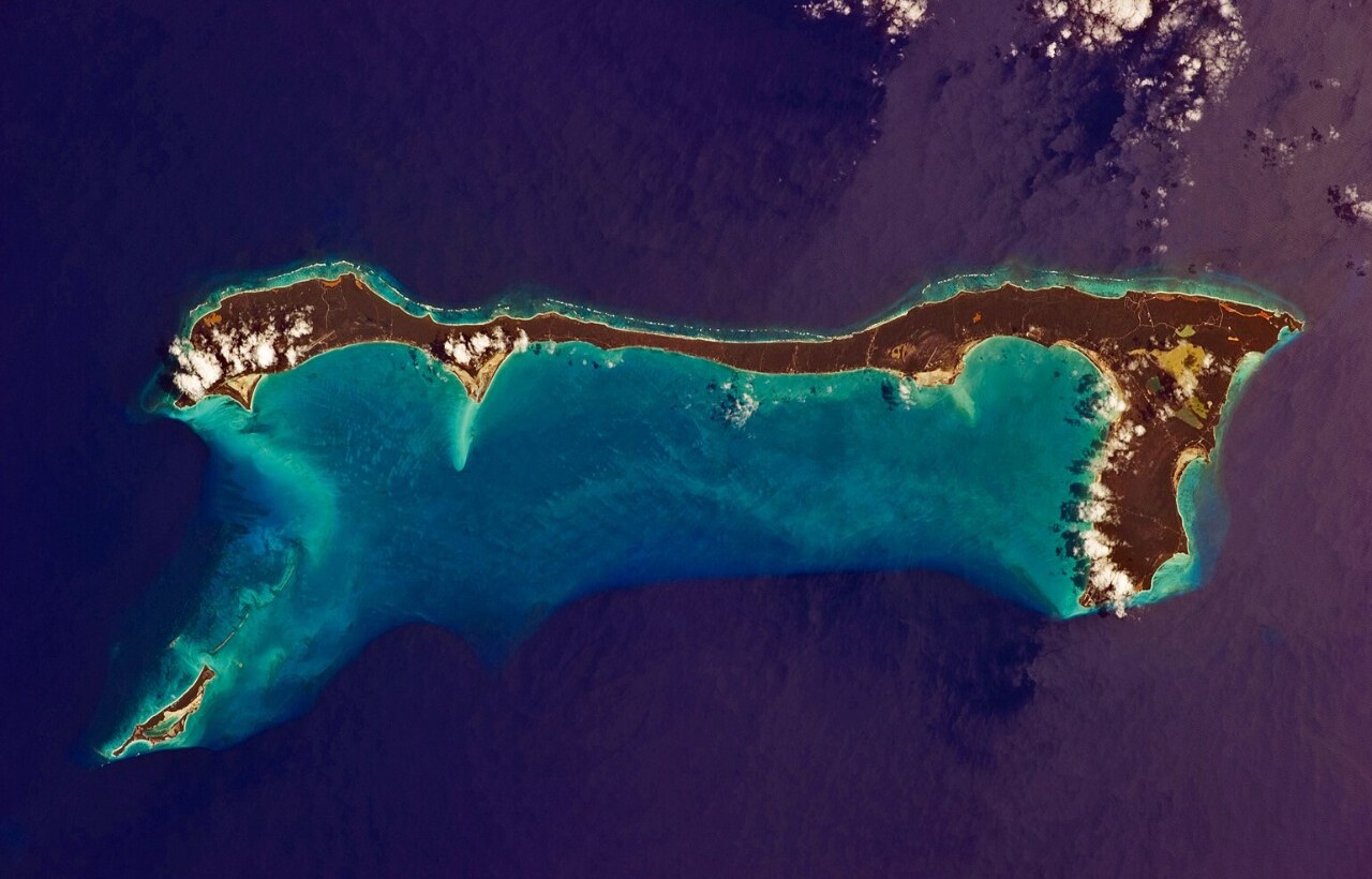 Aerial view of Cat Island, Bahamas, with turquoise reefs.
