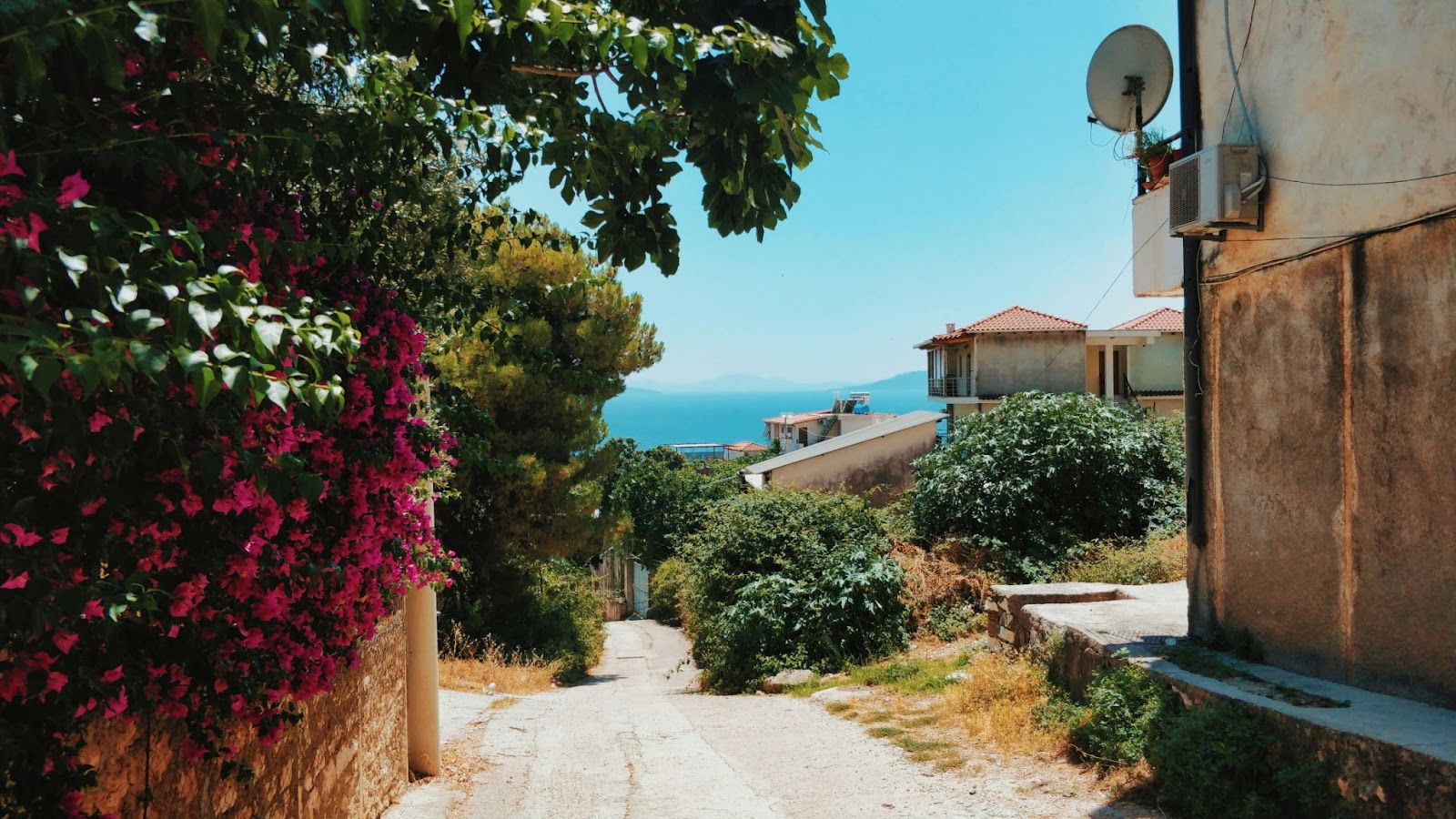 A narrow, flower-lined path slopes toward red-roofed houses, with the distant sea beneath a clear blue sky.