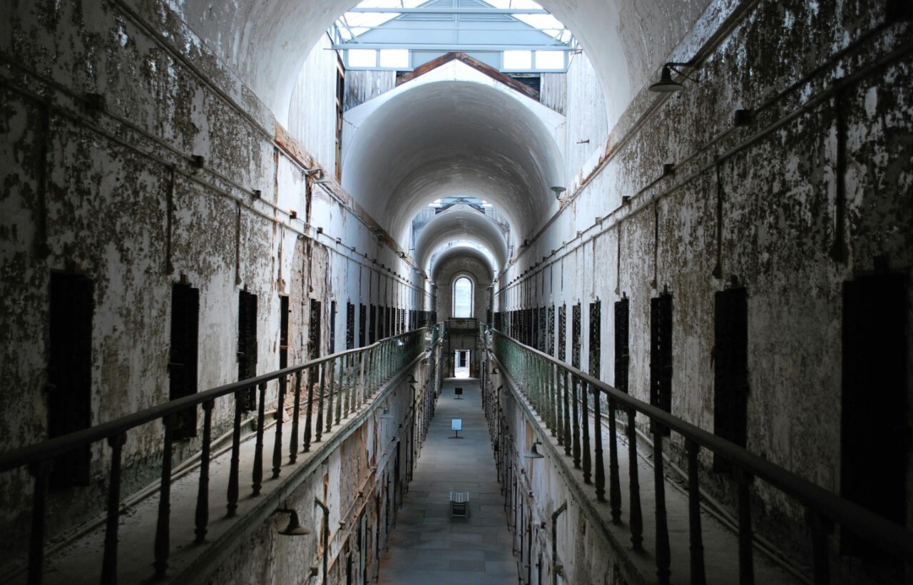 Long corridor inside Eastern State Penitentiary, Philadelphia, Pennsylvania.