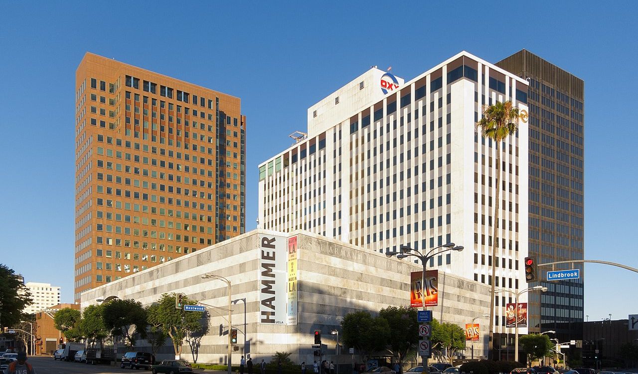 Exterior of the Hammer Museum in Los Angeles, surrounded by tall city buildings