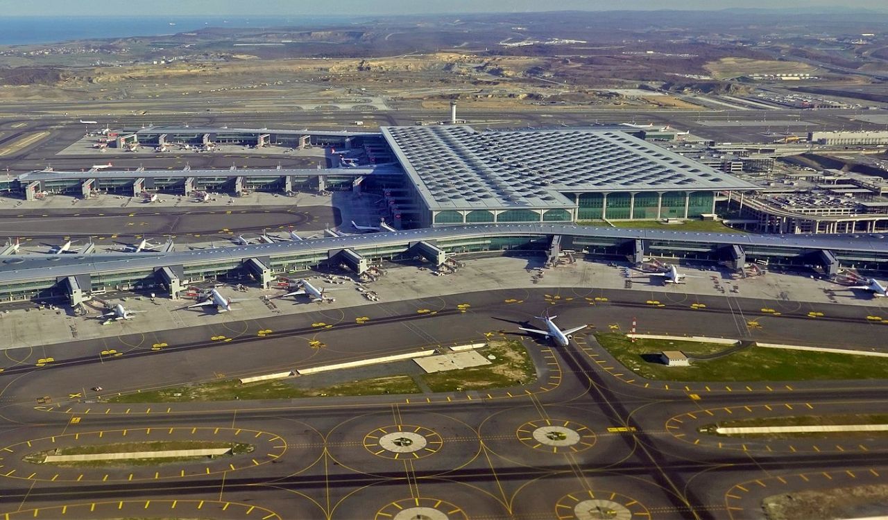 Aerial view of Istanbul Airport (IST) terminal and runways in Turkey
