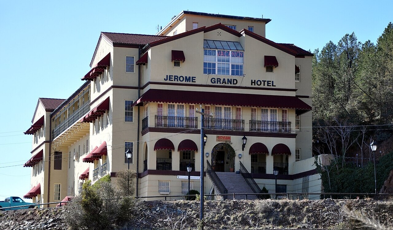 Front view of the Jerome Grand Hotel in Jerome, Arizona.