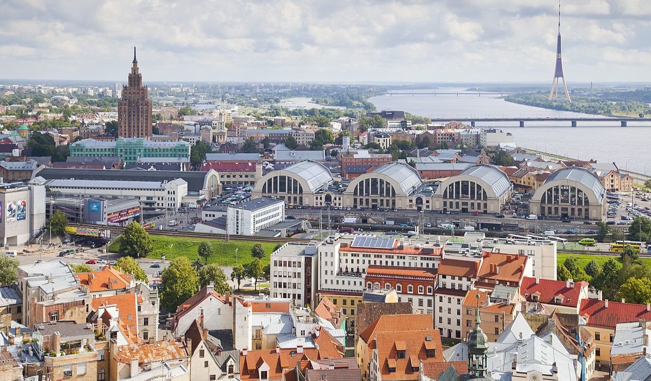 Aerial view of Riga Central Market and skyline in Riga, Latvia