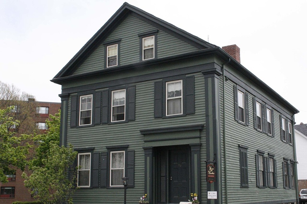 Green exterior of the Lizzie Borden House in Fall River, Massachusetts.