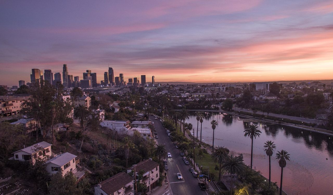 Los Angeles skyline at sunset with Echo Park in the foreground