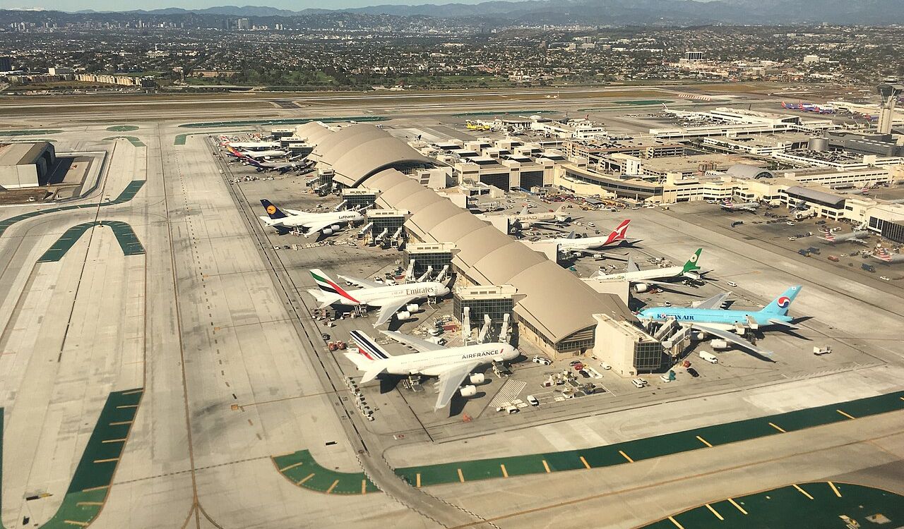 Aerial view of Los Angeles International Airport (LAX) with international planes