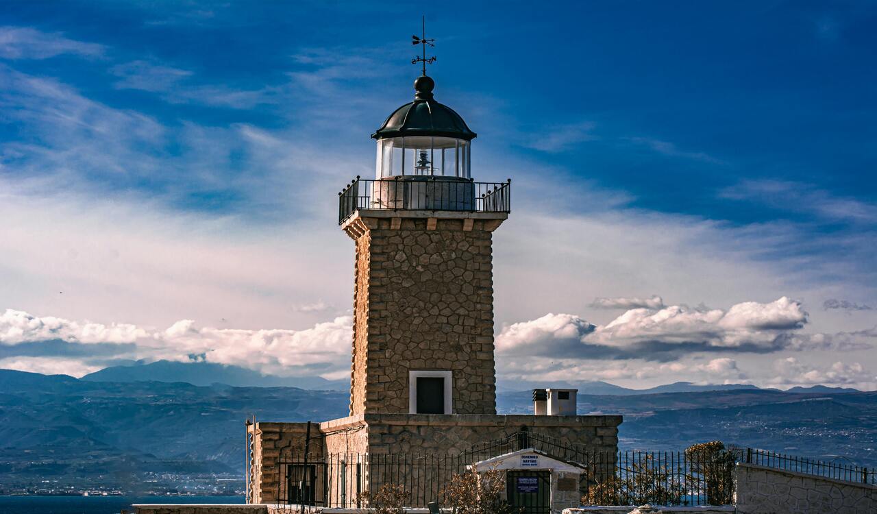 View of the Melagavi Lighthouse on the Agrilaos Peninsula, Greece