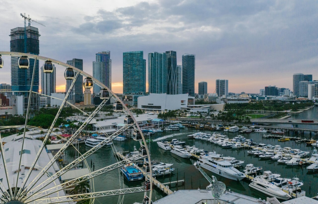 Ferris wheel and marina in downtown Miami, Florida.