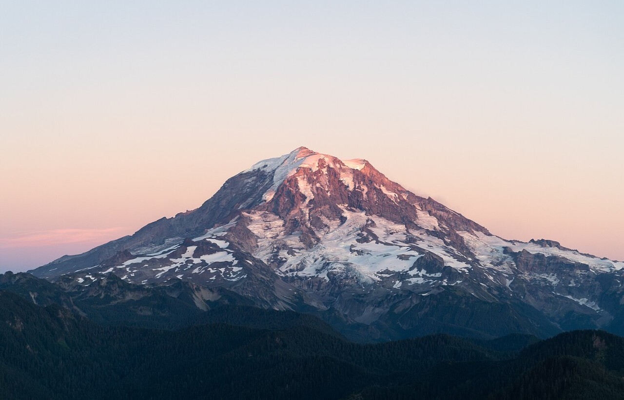 Snow-covered Mount Rainier at sunset, Washington