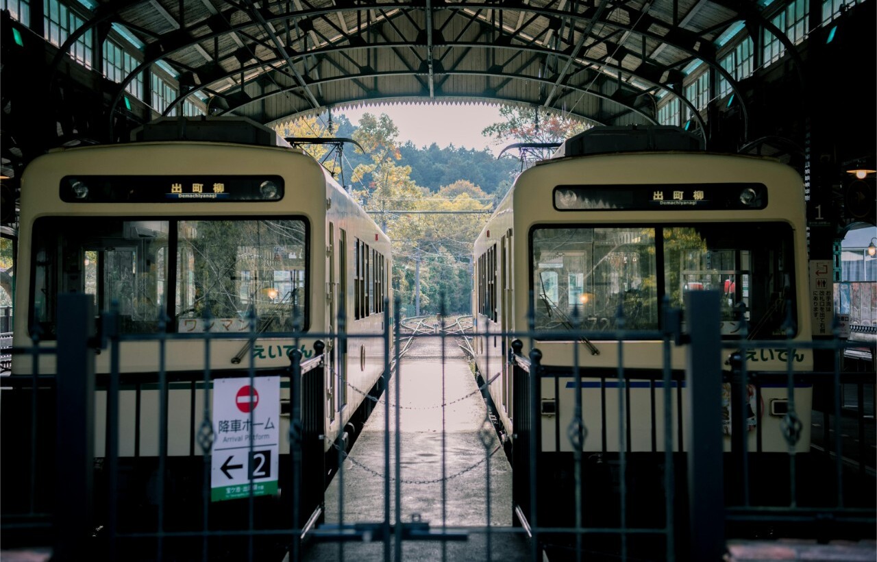 Two yellow trains are parked side by side under a covered platform, with a fence and signage in the foreground and trees and tracks in the background.