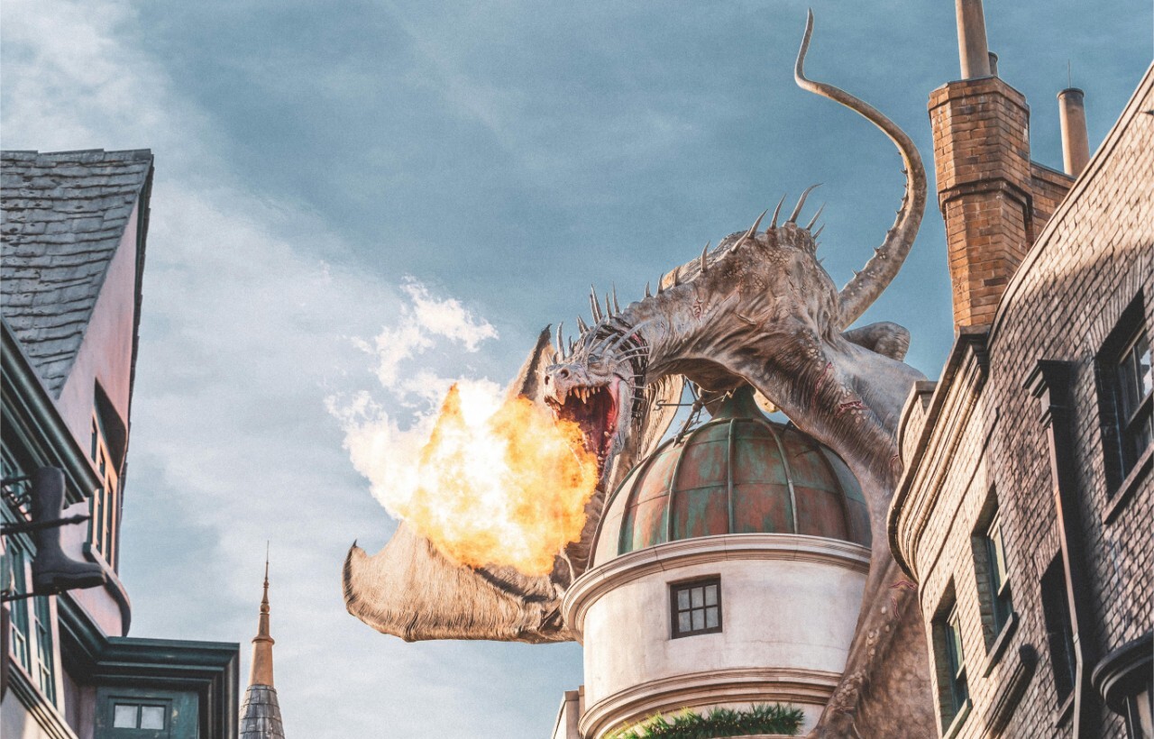 Fire-breathing dragon atop Gringotts Bank at Universal Orlando.