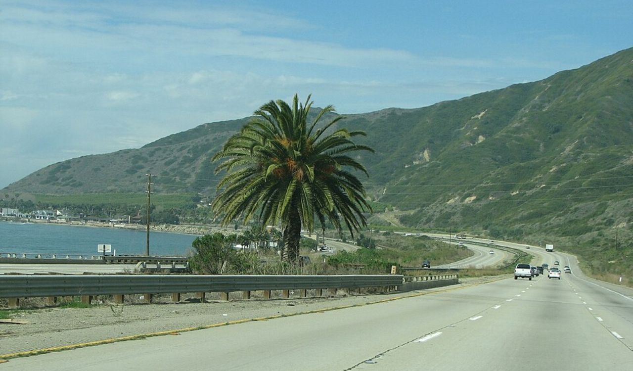 A divided coastal highway runs between mountains on the right and ocean on the left, with cars, a prominent palm tree in the median, and a partly cloudy sky above.